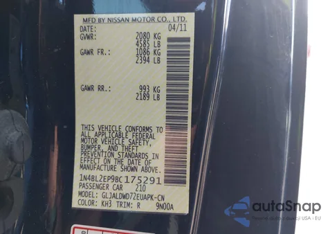 2011 Nissan Altima 3.5 Sr from USA, damaged, VIN 1N4BL2EP9BC175291